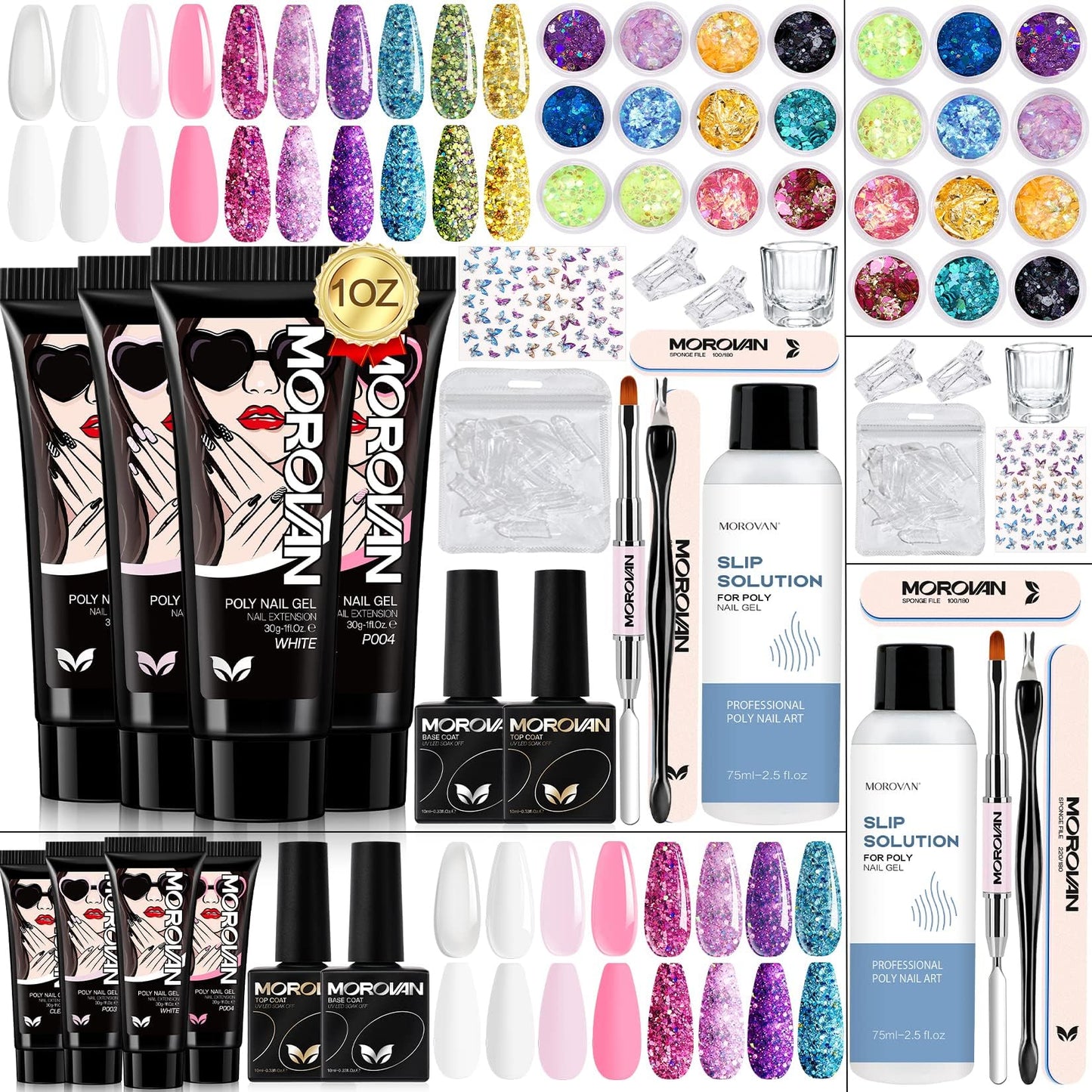 Morovan Poly Gel Nail Kit: 1 OZ Poly Nail Gel Kit 4 Colors Large Capactiy Poly Nail Extension Gel Kit - All In One Poly Gel Kits for Beginner with Everything DIY at Home
