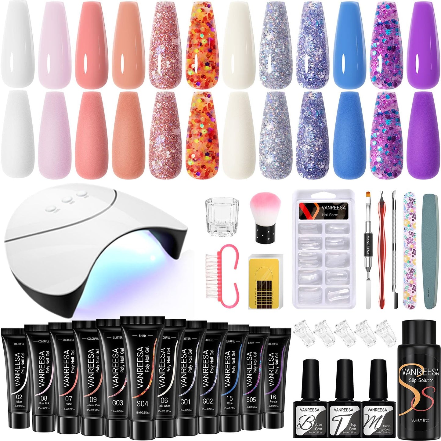 VANREESA Poly Nail Gel Kit 12 Colors Poly Nail Gel Kit Starter Kit with U V Light Pink Blue Purple Glitter Poly Nail Gel with Slip Solution Poly Extension Gel Nail Kit Gifts for Women