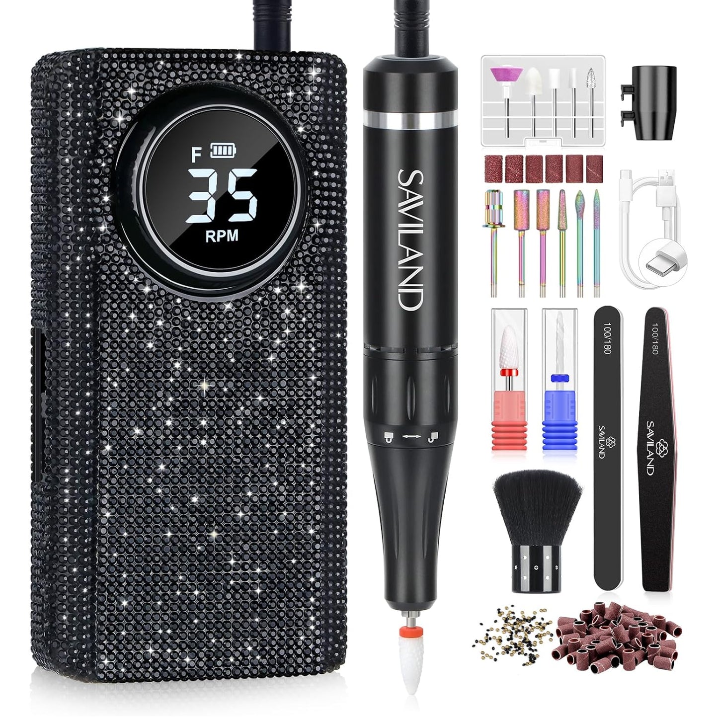 SAVILAND Electric Nail Drill Professional: Nail Drill Kit 35000RPM 13 Drill Bits Nail Tech Professional Drill Nail File Buffer Dust Brush Black Crystal Diamond Expert Salon Use Manicure Pedicure