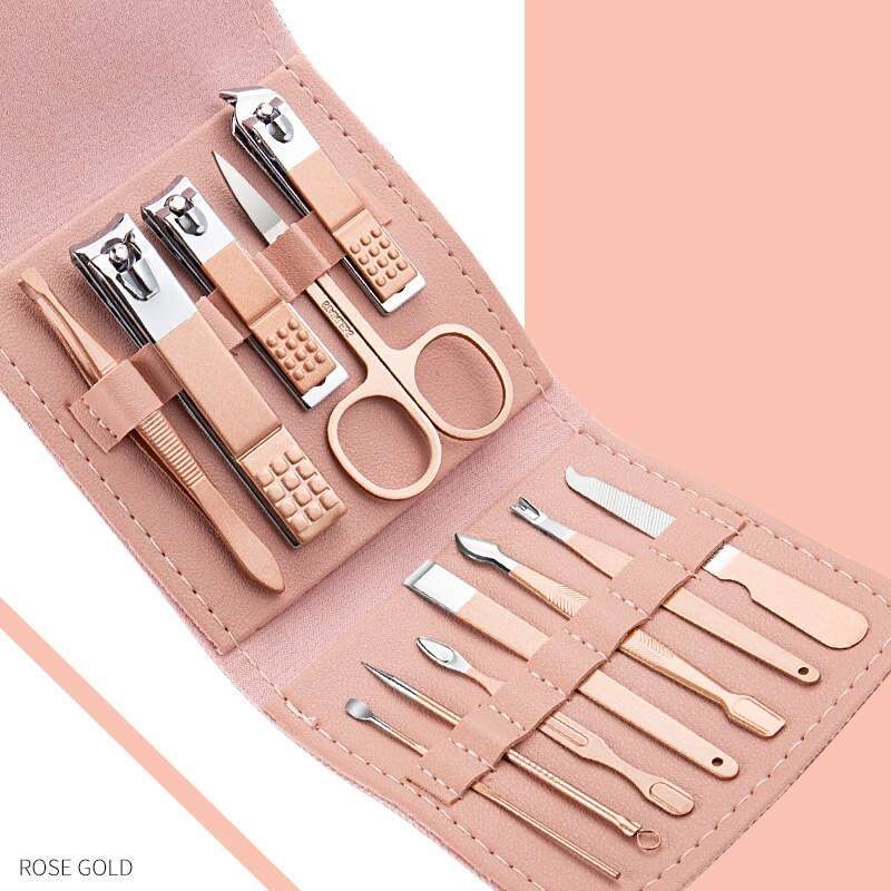 12Pcs Manicure Set Nail Scissors Cuticle Nipper Trimmer Tweezers (Rose Gold) - Universal Nail Supplies