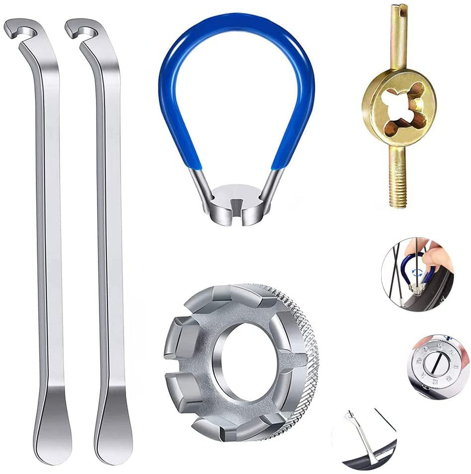 BUZIFU 5 Pieces Bicycle Spoke Wrench Bicycle Spoke Tool with Tyre Lever Tools Set Bicycle Rim Correct Kit Bicycle Bags Tools for Repair
