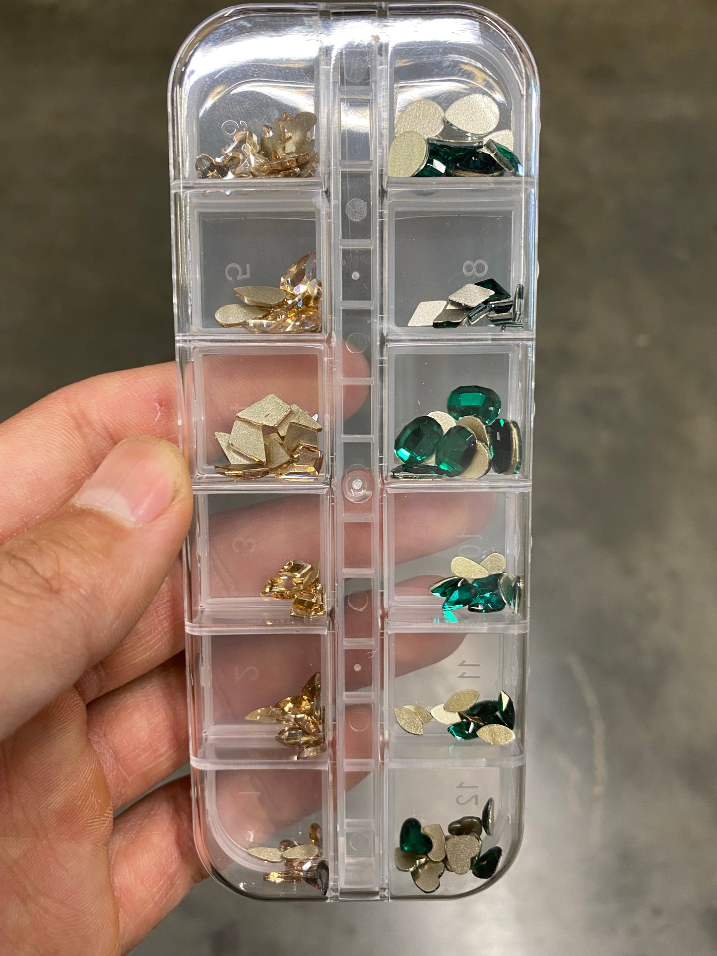 Set of 12 Emerald and Gold Champagne rhinestones