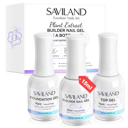 SAVILAND Clear Builder Nail Gel Kit in a Bottle: 3 Pcs 15ml Vitamin E Ingredient Builder Nail Gel Base & Top Gel with Castor Oil Hard Gel for Nails Strengthener Extension Repair Nail Art Home Salon
