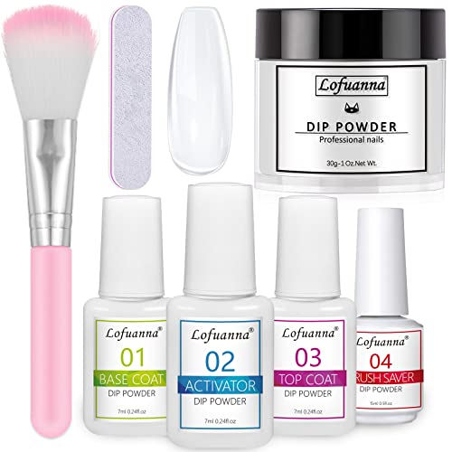 Lofuanna Dip Powder Nail Kit Starter-Clear Nail Dipping Powder with Base&Top Coat&Activator&Brush Saver,No UV/LED Needed,DIY French Nail Art Manicure,Easy to Apply for Home or Salon Use