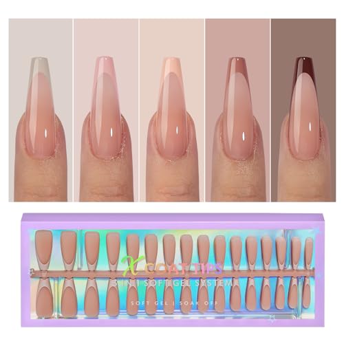 btartboxnails XCOATTIPS French Nails - Skin Tones French Tip Press on Nails, Long Square Nail Tips, Soft Gel Nails False Nail, Soak Off Acrylic Fake Nails Extensions Easter Gifts