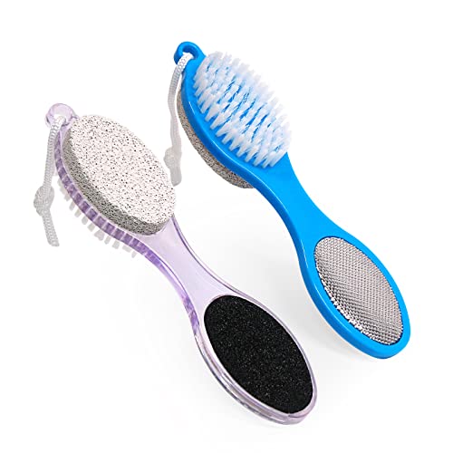 Fangze Pumice Stone Brush for Feet - 2 Pack Foot Brush Scrubber 4 in 1 Foot File Pedicure Paddle Kit for Foot Care (Lilac and Blue)