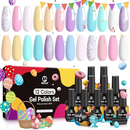 MEFA Pastel Gel Nail Polish Set,12 Colors Easter Decorations Spring Macarons Glitter Gel Polish Bright Pastel Pink Mint Green Nail Art Soak Off Baby Blue Yellow Nail Polish Gel Kit DIY Salon Home Gift