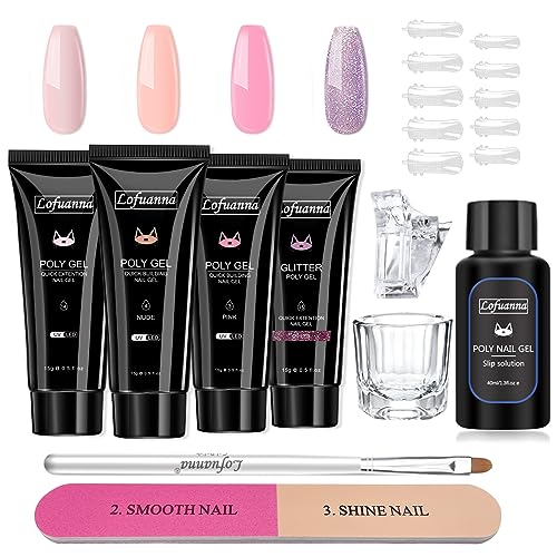Lofuanna Poly Gel Nail Kit - 4 Colors Poly Gel Poly Nail Gel Kit with Nail Forms Slip Solution Professional Poly Gel Kit for Beginner Builder Gel Poly Extension Gel Nail Kit Salon at Home