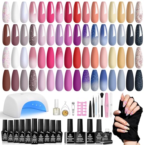 Beetles Gel Nail Polish with Uv Light 53Pcs Gel Starter Kit 32 Colors Pink Red Glitter Gel Polish Set Spring Gel Polish Soak Off Base Top Coat Temperature Color Changing Gift for Girls Women