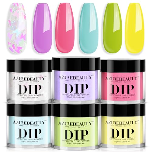AZUREBEAUTY Dip Powder Nail Set, Spring Summer 6 Colors Pink Blue Purple Green Yellow Pastel Dipping Powder Nail Starter Kit French Art Manicure DIY Gifts for Women, No Need Nail Lamp Cured