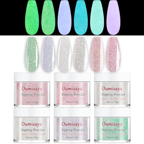 Glow in the dark Dip Powder Glitter Nail Dip Powder Kit 6 Colors Set for Starters (Dip Liquid Set Not Included)