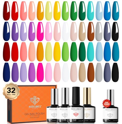 modelones 32 PCS Gel Nail Polish Set, 28 Colors Rainbow Colorful Gel Polish Set with Glossy & Matte Top Base Coat and Bond Primer, Nude Red Brown Green Pink Blue Nails Gifts for Women DIY Salon Home