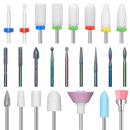 Modelones 24Pcs Nail Drill Bit Set, 3/32” Ceramic Diamond Carbide Nail Drill Bits, Acrylic Gel Nail Bit Kit, Cuticle Remover Bits for Acrylic Gel Dip Powder Nail Manicure Pedicure