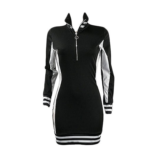 JUJIEXUN2021 Women Plus Size Casual Sports Dress Fashion Long Sleeve Zip Stitching Dress Slim Fit Soft Cotton Workout Tunic Dress (Black,3X-Large)