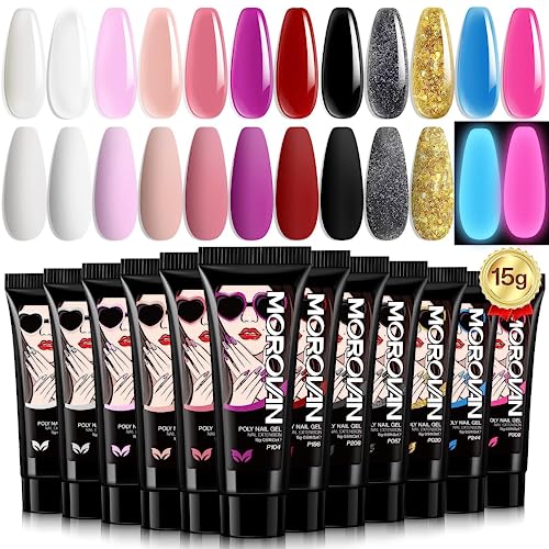 Morovan 12 Color Poly Gel Nail Extension Set - Pure, Glitter, and Builder Gel for Beginners