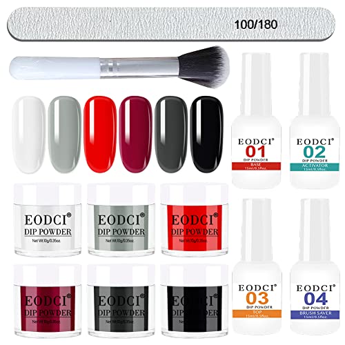 Eodci 12 Pcs Dip Powder Nail Kit Starter, 6 Colors Red Black White Dipping Powder Kit With Base & Top Coat/Activator/Brush Saver, Nail Art Dip Manicure Kits for Women