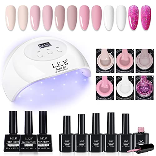 LKE Gel Nail Polish Kit with U V Light Starter Kit, 72W UV LED Nail Lamp 6 Colors Nude Pink White Gel Nail Polish Set Gel Top Base Coat Nail Art DIY Manicure Gel Nail Kit Gifts (Ｎude White)