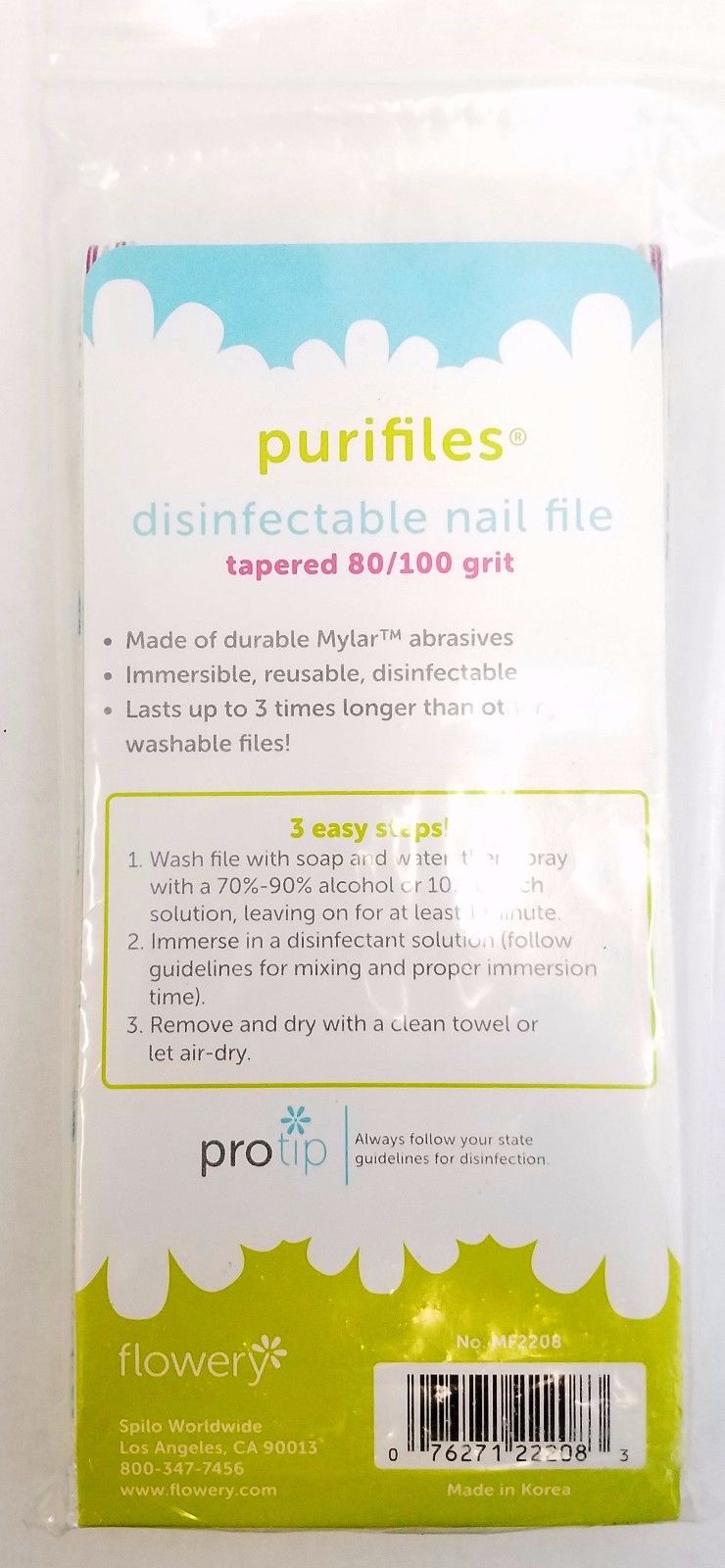 Pack of 20 Flowery Purifiles Disinfectable  TAPERED Nail File - Choose Your Grit