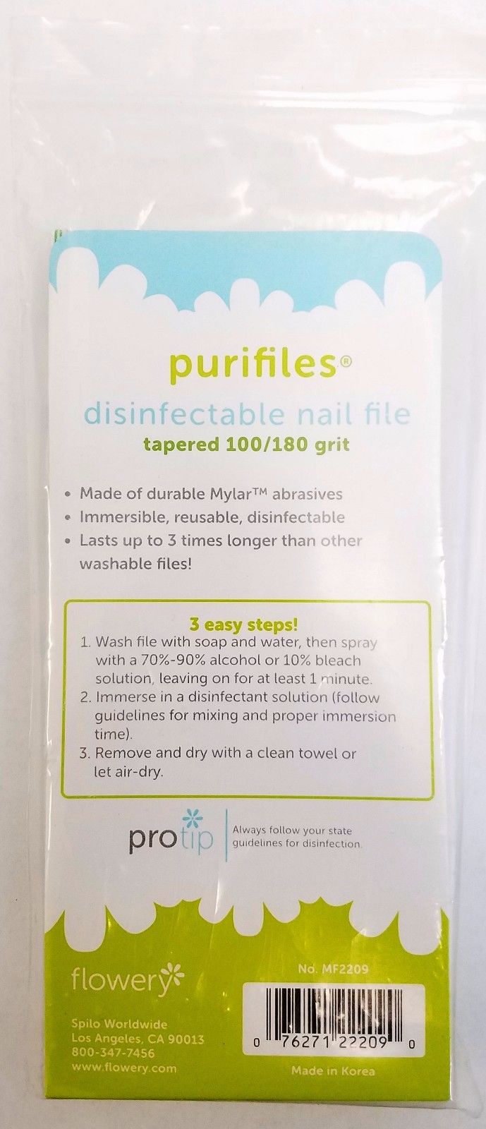 Pack of 20 Flowery Purifiles Disinfectable  TAPERED Nail File - Choose Your Grit