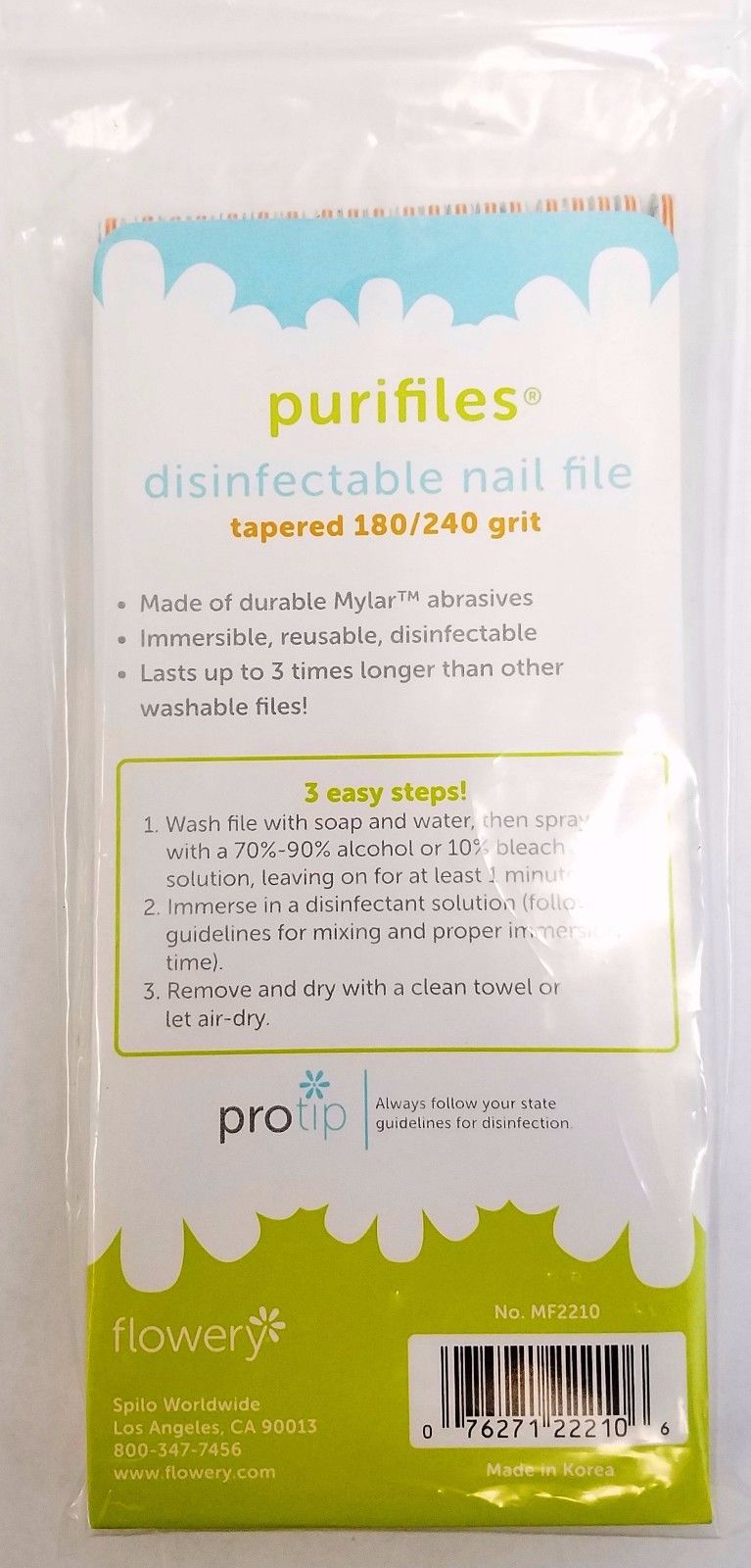 Pack of 20 Flowery Purifiles Disinfectable  TAPERED Nail File - Choose Your Grit