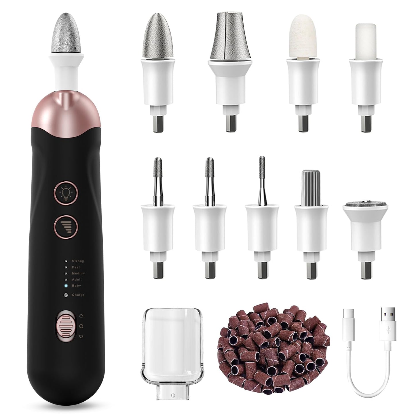 Professional Manicure Pedicure Kit, 9 in 1 Cordless Nail Drill with 100 pcs Nail Drill Bits Sanding Bands, Nail Grinder for Human, 5 Speeds Electric Nail Drill, Nail Dremel Kit for Home and Salon Use