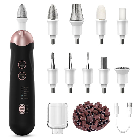 Professional Manicure Pedicure Kit, 9 in 1 Cordless Nail Drill with 100 pcs Nail Drill Bits Sanding Bands, Nail Grinder for Human, 5 Speeds Electric Nail Drill, Nail Dremel Kit for Home and Salon Use
