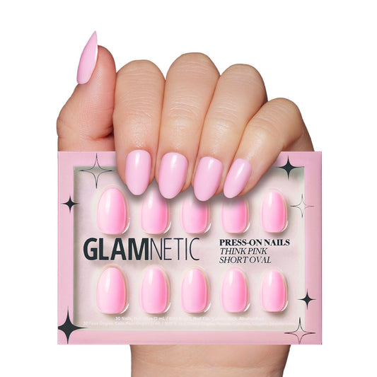 Glamnetic Press On Nails - Think Pink | Solid Opaque Light Pastel Pink Short Oval Nails, Reusable | 15 Sizes - 30 Nail Kit