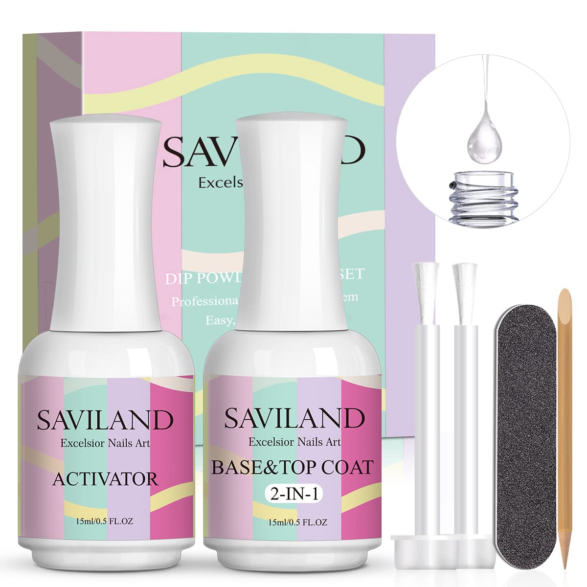 Saviland Dipping Powder Liquid Set - 2 in 1 Dip Powder Base & Top Coat with Activator 15ml/0.5oz Dip Nail Liquid Set for Dipping Powder Nail Kit, Fast Dry, No Nail Lamp Needed