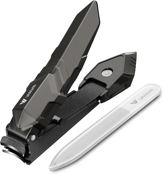 Nail Clippers with Catcher, Professional Nail Clippers Heavy Duty Sharp No Splash Nail Cutters, Toenail Clippers for Fingernails and Toenails Mess Free Nail Clippers for Men Women Adult Black