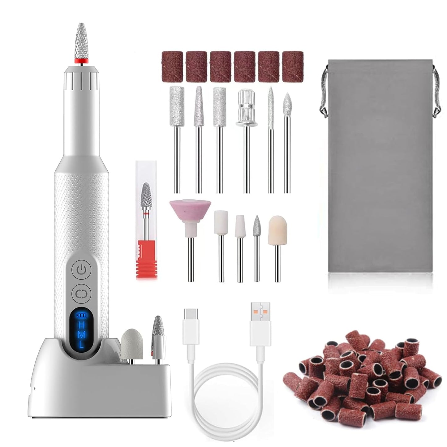 Portable Electric Nail Drills,Professional Nail Drill File Kit for Acrylic,Manicure and Pedicure Sets for Grinding,polishing and Trimming,Rechargeable Pedestal Nail Polisher. White