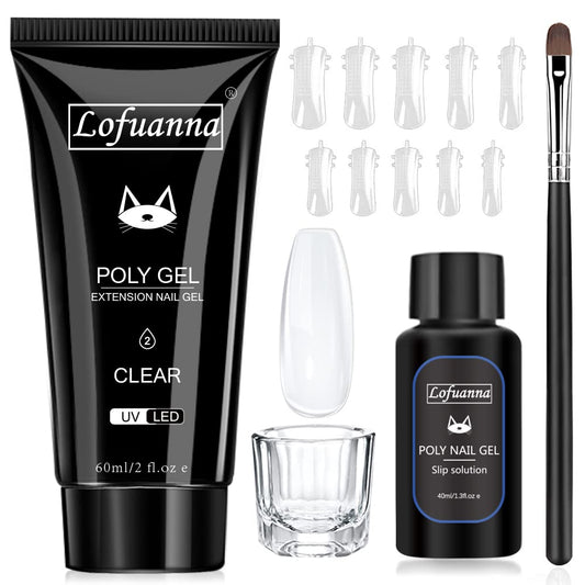 Lofuanna Poly Gel Nail Kit-60g Clear Poly Extension Starter kit,All-in-one Set Builder With Slip Solution Nail form Nail Brush Glass Cup,Nail Art Design for Beginners