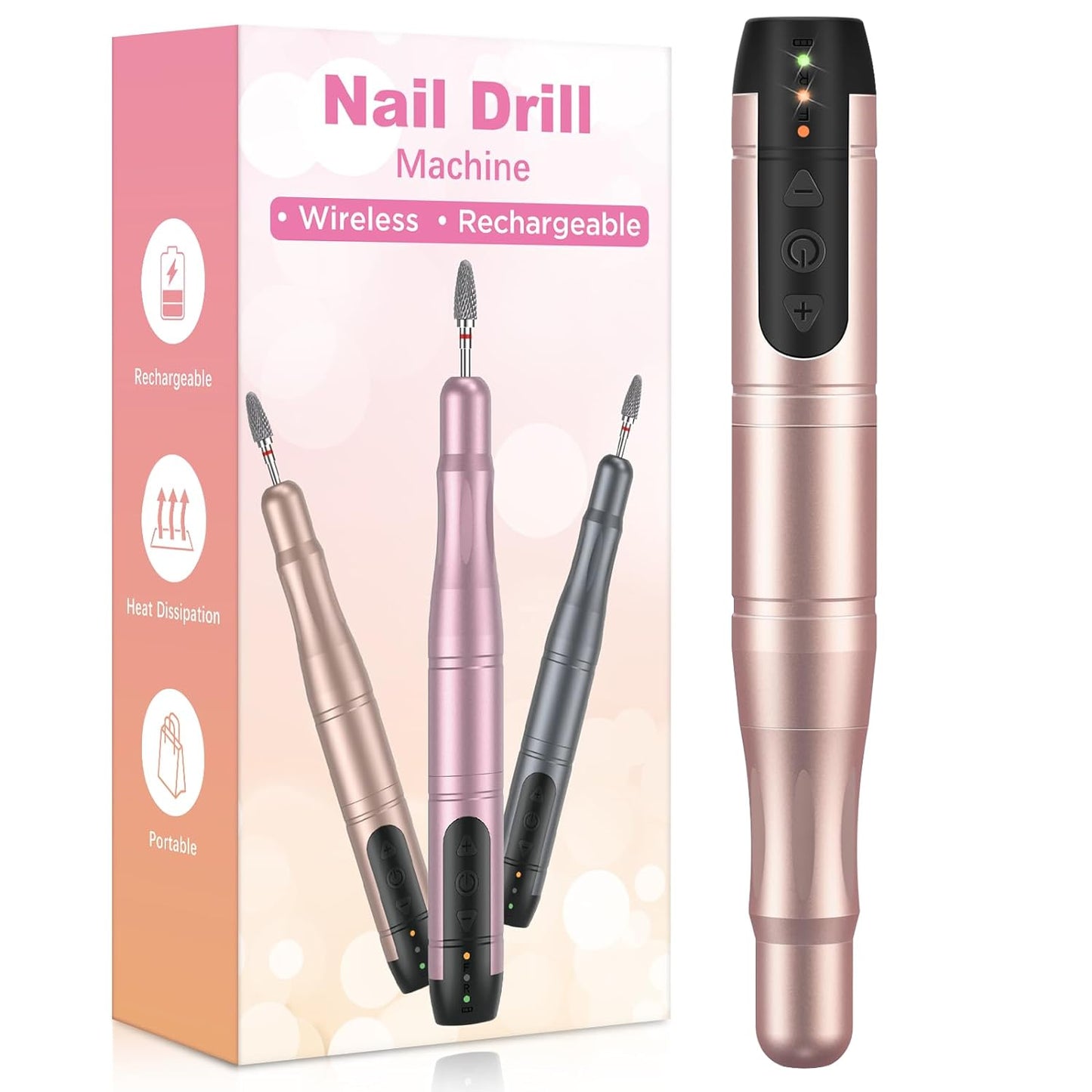 Wireless Electric Nail Drill, Rechargeable Professional for Acrylic Gel Nails, Portable Nail Drill Machine Kit for Manicure Pedicure Nail Set with Everything (Rose Gold)