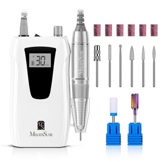 MelodySusie Professional Nail Drill 30000RPM, SC320D Rechargeable Electric Nail Drill Machine, Cordless Nail E File for Acrylic Gel Nails, 8pcs Nail Drill Bits 106pcs Sanding Bands, Selene White