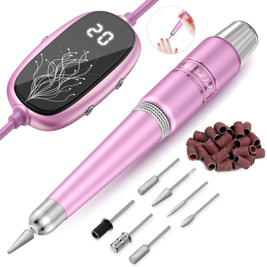 Electric Nail Drill Portable USB Efile Professional Nail Drill Kit with LED Speed Display Manicure Pedicure Tools Set for Home Salon and 6 Nail Drill Bits for Acrylic Gel Nails Pink