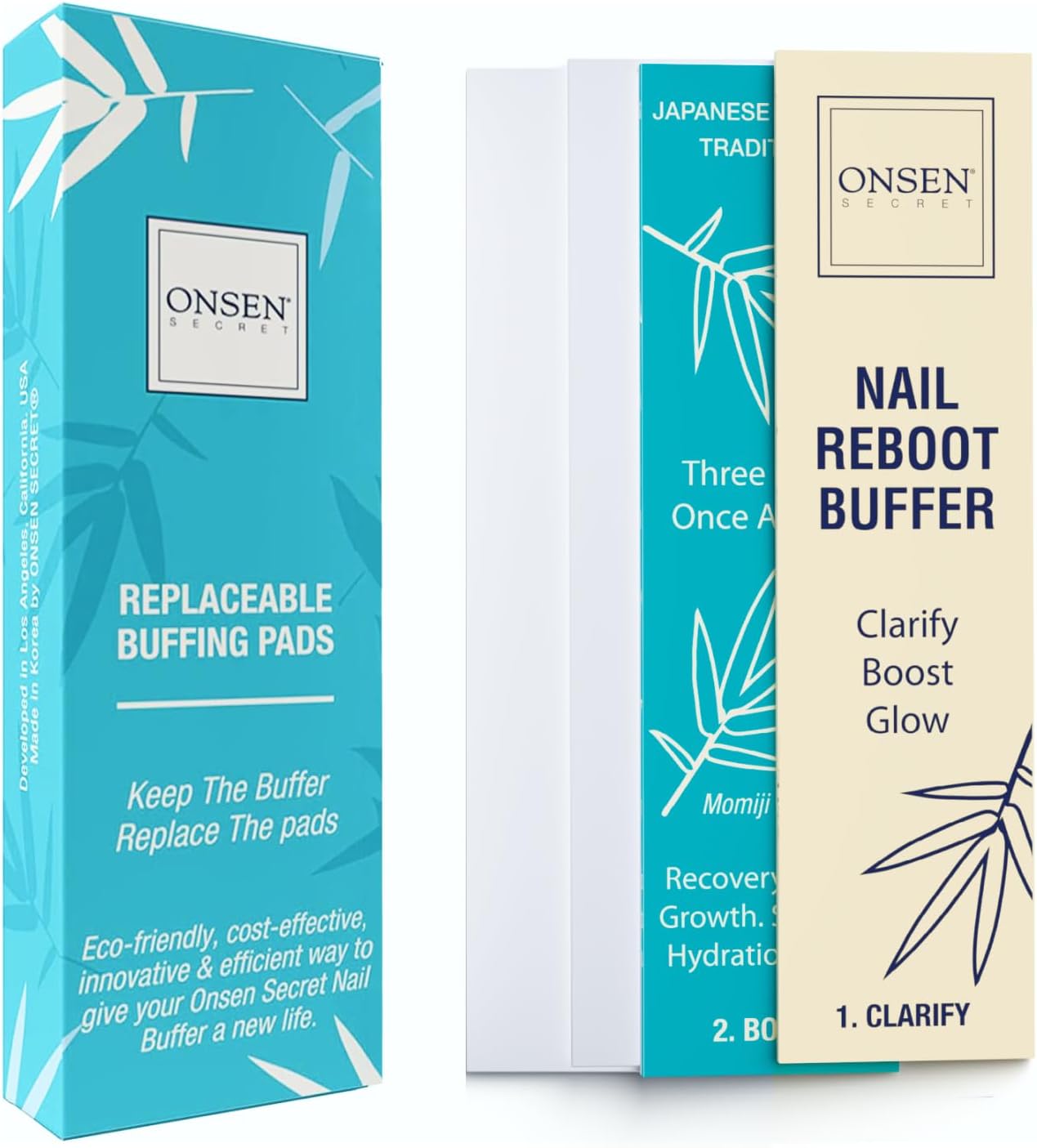 Onsen Secret Nail Buffer Block Replacement Pads - 3 Way Buffing Block Smooth Shine Natural Nail Buffing Pads w/ 3 Sides Coarse, Soft, Silky, Nail Buffer Replacement Pads Only - 4 Combo Pads - 1 Pack