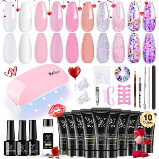 OVX Poly Nail Gel Kit, 10 Colors Poly Nail Extension Gel Kit Starter Kit, Professional Acrylic Nail Kit for Beginner with Everything Gel Nail Kit with UV Light Nail Art Tools for Nail Art Design