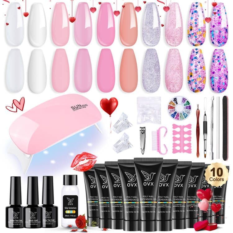 OVX Poly Nail Gel Kit, 10 Colors Poly Nail Extension Gel Kit Starter Kit, Professional Acrylic Nail Kit for Beginner with Everything Gel Nail Kit with UV Light Nail Art Tools for Nail Art Design