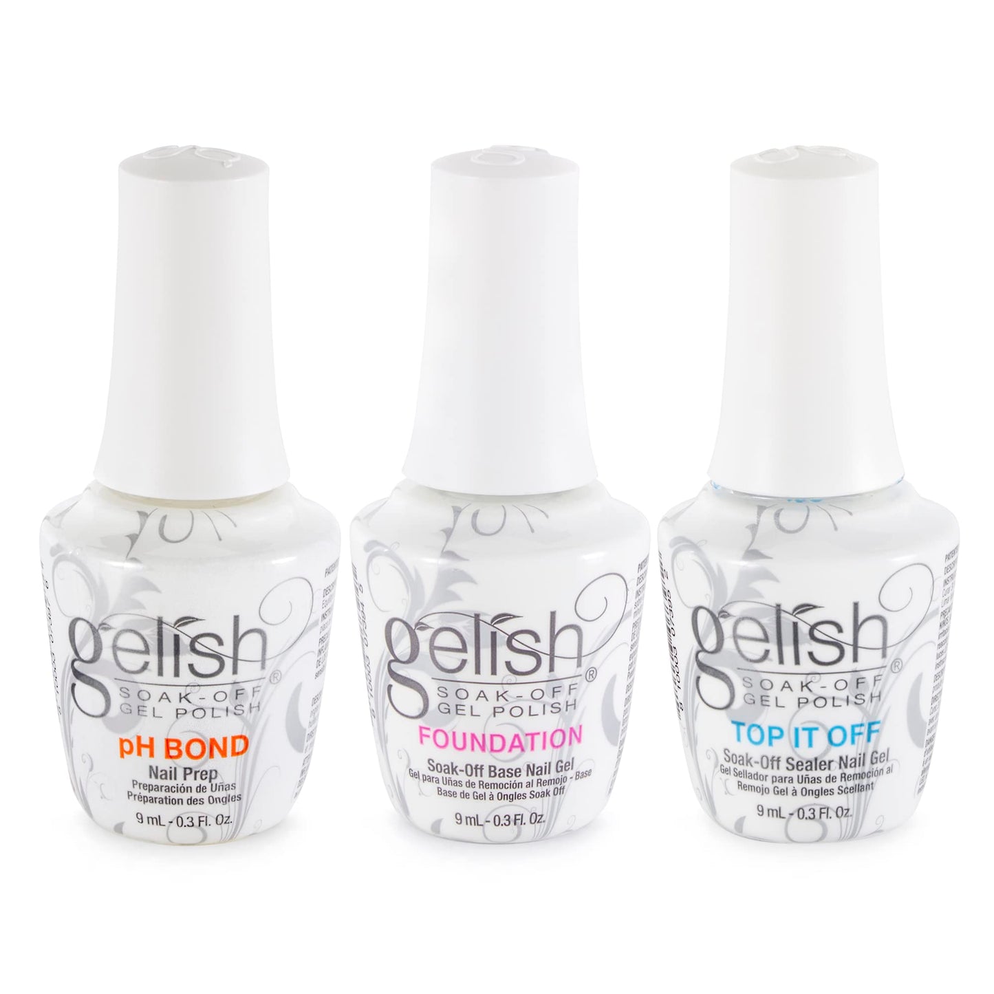 Gelish Mini Terrific Trio Collection 9 mL Soak Off Gel Nail Polish Kit with pH Bond, Foundation Base, and Top It Off