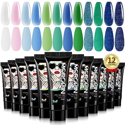 Morovan Poly Gel Nail Colors: 12 Colors Poly Nail Gel with Green Serirs Poly Gel Colors 15ml Professional Poly Nail Extension Gel for Holiday Manicure DIY Design Salon at Home