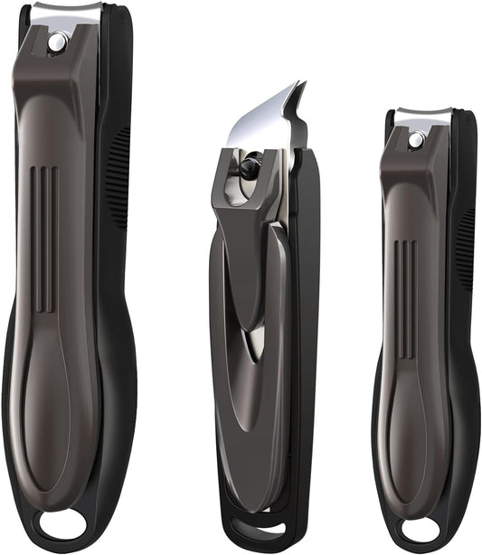 GLAMFIELDS Nail Clipper with Catcher, 3 Pack No Splash Fingernail Toenail Clipper,Slanted Edge Nail Clippers Stainless Steel Nail Cutter Nail Trimmer, Good Gift for Men and Women