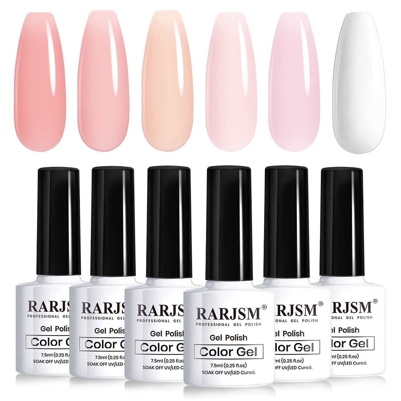 RARJSM Nude Gel Polish for French Manicure,Sheer Jelly Pink Gel Nail Polish Set of 6 Transparent Colors Clear Light Brown Pure White Neutral Nail Varnish LED UV Curing Requires 7.5ml for Home Salon