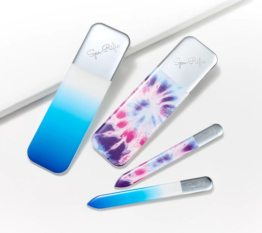 4pc Nano File Set: Professional Heavy Duty Glass Nail Files with Case Kit - Reusable Crystal Fingernail Manicure and Pedicure Tools for Men, Women, and Adults - Tiedye/Blue Ombre