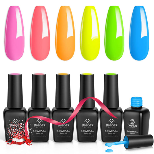 Beetles Neon Gel Nail Polish Set, Neon Light Collection 6 Colors Hot Pink Blue Yellow Green Soak Off UV LED Bright Gel Nail Polish Kit Gift for Women