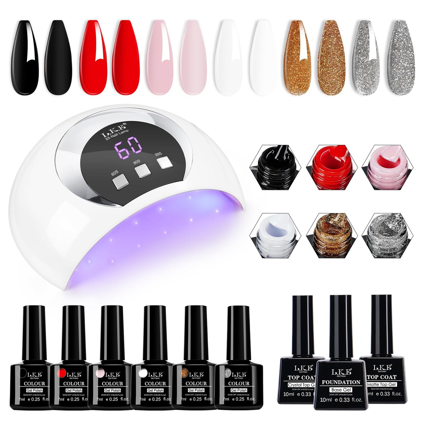 Gel Nail Polish Kit with U V Light 54W Nail Lamp 6 Colors White Black Red Pink Gold Silver Glitters Gel Nail Polish Set Glossy Matte Base Top Coat Nail Gel Manicure Kit DIY Gift for Women