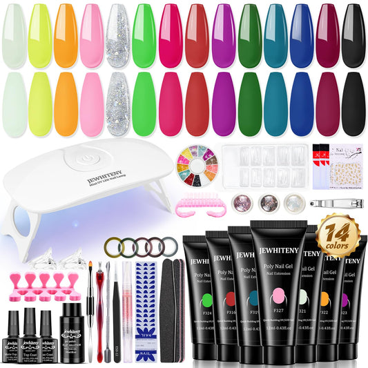 JEWHITENY 14 Colors Poly Nail Extension gel Kit with U V Lamp Pink Red Blue Nude Builder Jelly Manicure Enhancement Starter Set DIY At Home All In One for Starter Gift For Women