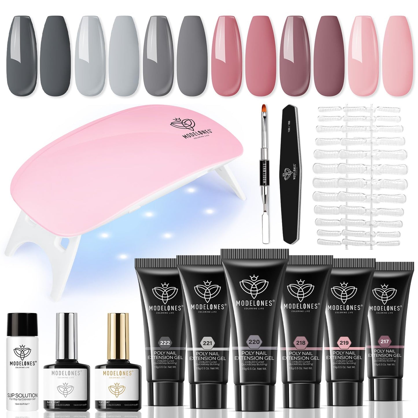 Modelones Poly Nail Extension Gel Kit – 6 Colors Nude Gray Pink Poly Nail Gel All-in-one Kit with 6W Nail Lamp for Nail Art Starter French Trendy Manicure DIY at Home Beauty Gifts