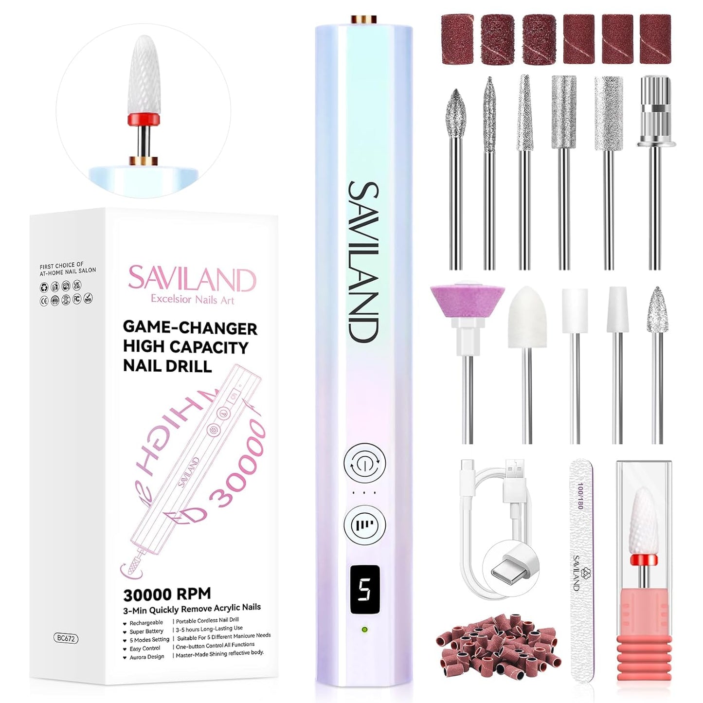 SAVILAND Electric Nail Drill Kit - Rechargeable 30000RPM Nail Drill with 12 Drill Bits for Acrylic Nails for Shaping & Buffing to Removing Nails/Cuticle/Nail Art Home Salon, Aurora Design