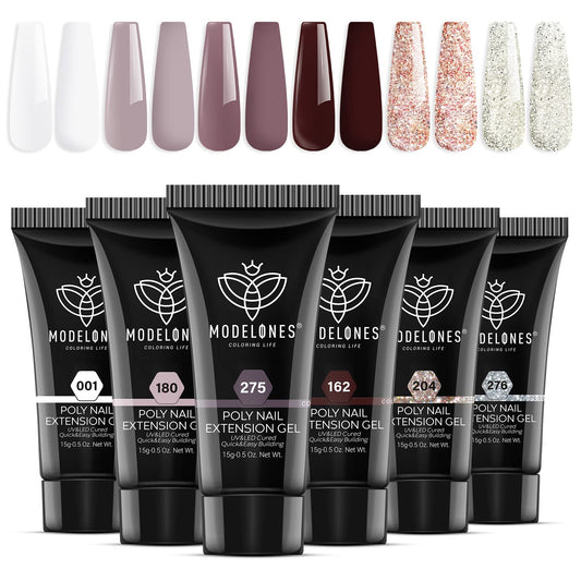 modelones Poly Nail Gel Set, 6 Colors Burgundy Red Brown Champagne Gold Poly Extension Gel Builder Nail Gel Snow White Nude Grey Elegant Lady Collection French Manicure DIY Home Salon Beauty Gift
