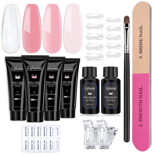 Lofuanna Poly Gel Nail Kit-4 Colors Pink Set Poly Nail Gel Nail Starter kit,15ML Poly Extension Gel With 80ml Slip Solution All-in-one Nail Strengthen Gel Nail Gel Kit DIY for Beginners