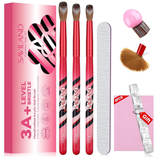 Saviland Kolinsky Acrylic Nail Brush Set: Size 8 10 14 Acrylic Brushes for Acrylic Nails Nail Brush for Acrylic Powder Application Nail Art Extension Carving Manicure Tools with Brush Holder Table Mat